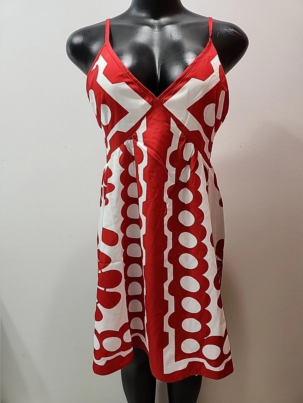 Red and White Patterned Sundress - Women's Sleeveless V-Neck